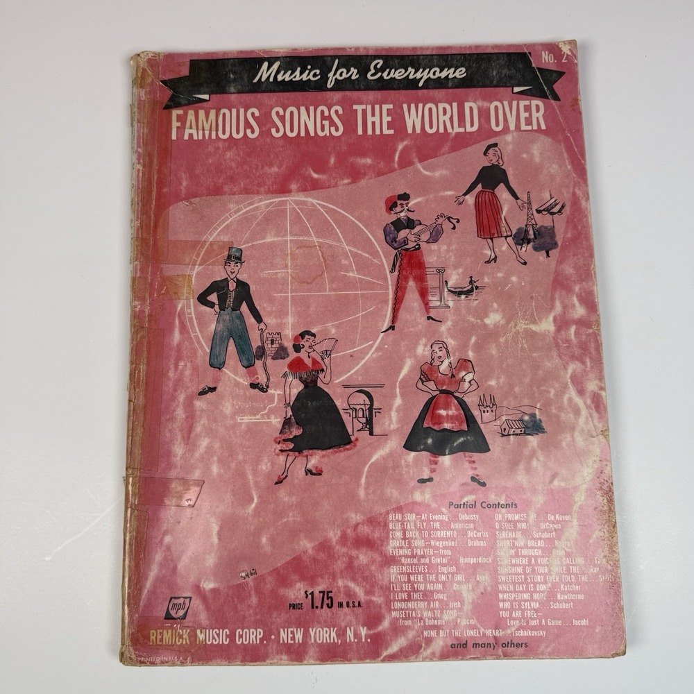 Music for Everyone Famous Songs the World Over 2 Remick Piano Songbook 1952 Vtg